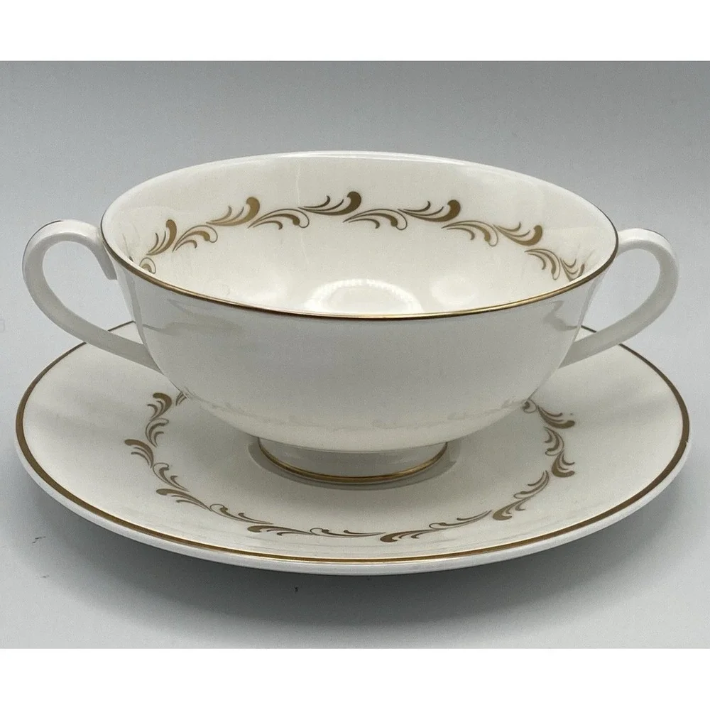 Royal Doulton Rondo Cream Soup Bowl (s) w/ saucer White Gold Vintage Cottagecore